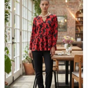 LANE BRYANT FLORAL RED ELASTIC WAIST LONG SLEEVES PEPLUM BLOUSE SZ 26 PRELOVED